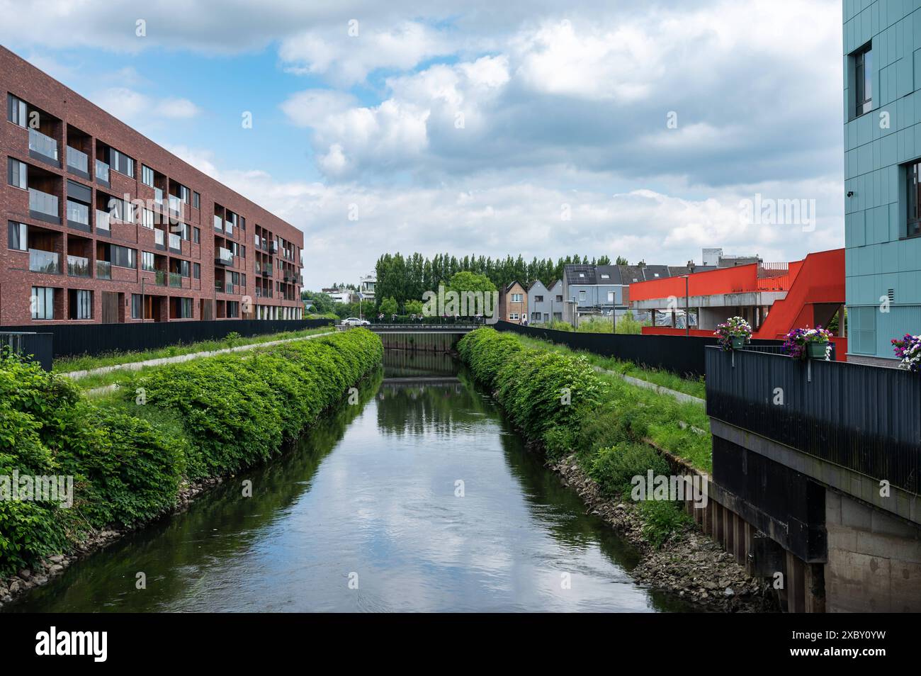 Vilvoorde, Flanders, Belgium June 8, 2024 The Senne river and banks