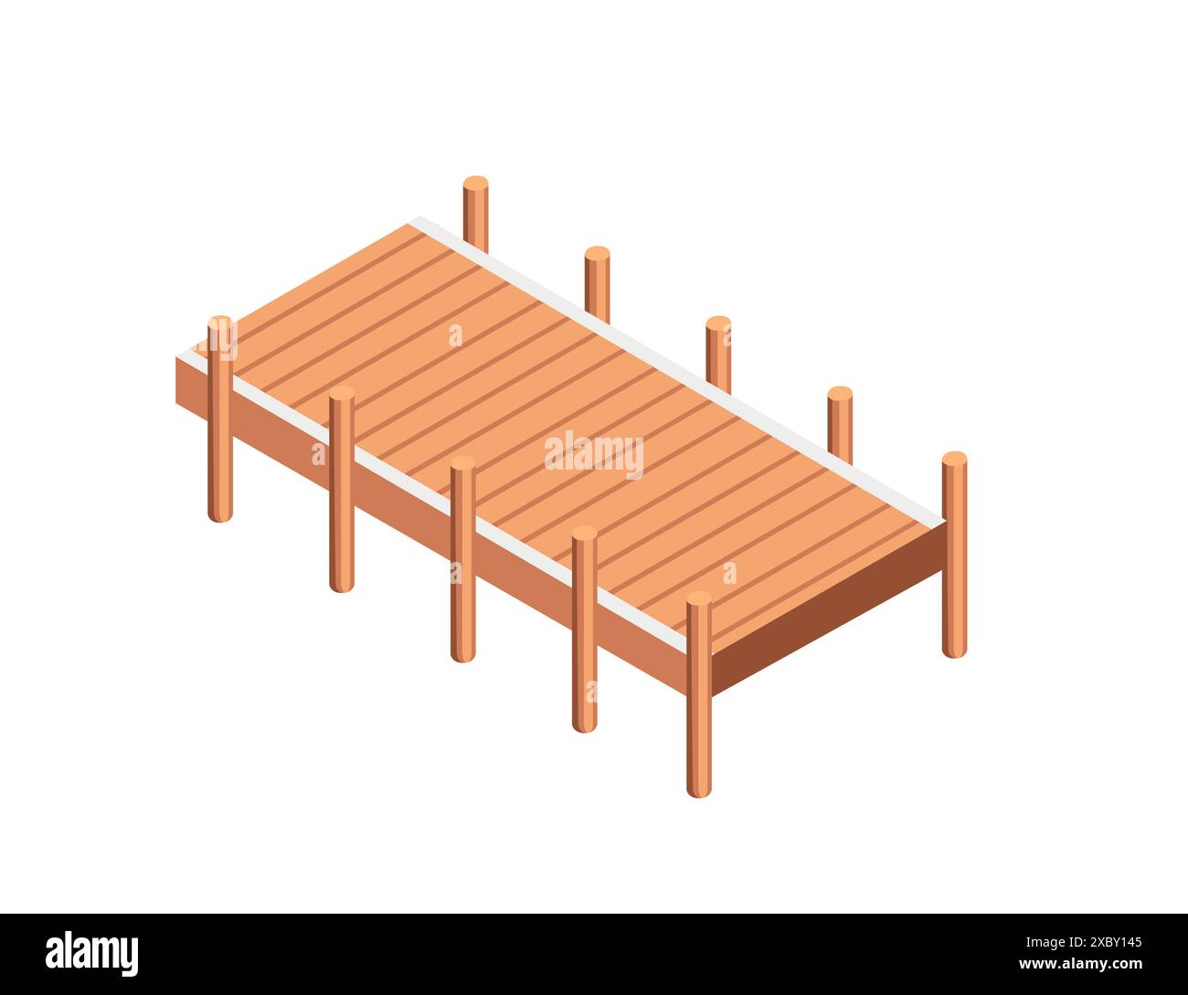 Seashore wooden pier with life-buoy on sunny day. Vector illustration. Stock Vector