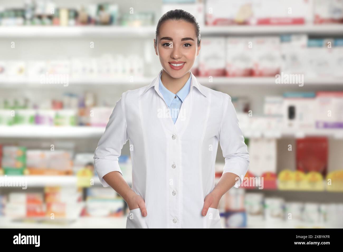 Blurred view female pharmacist hi-res stock photography and images - Alamy