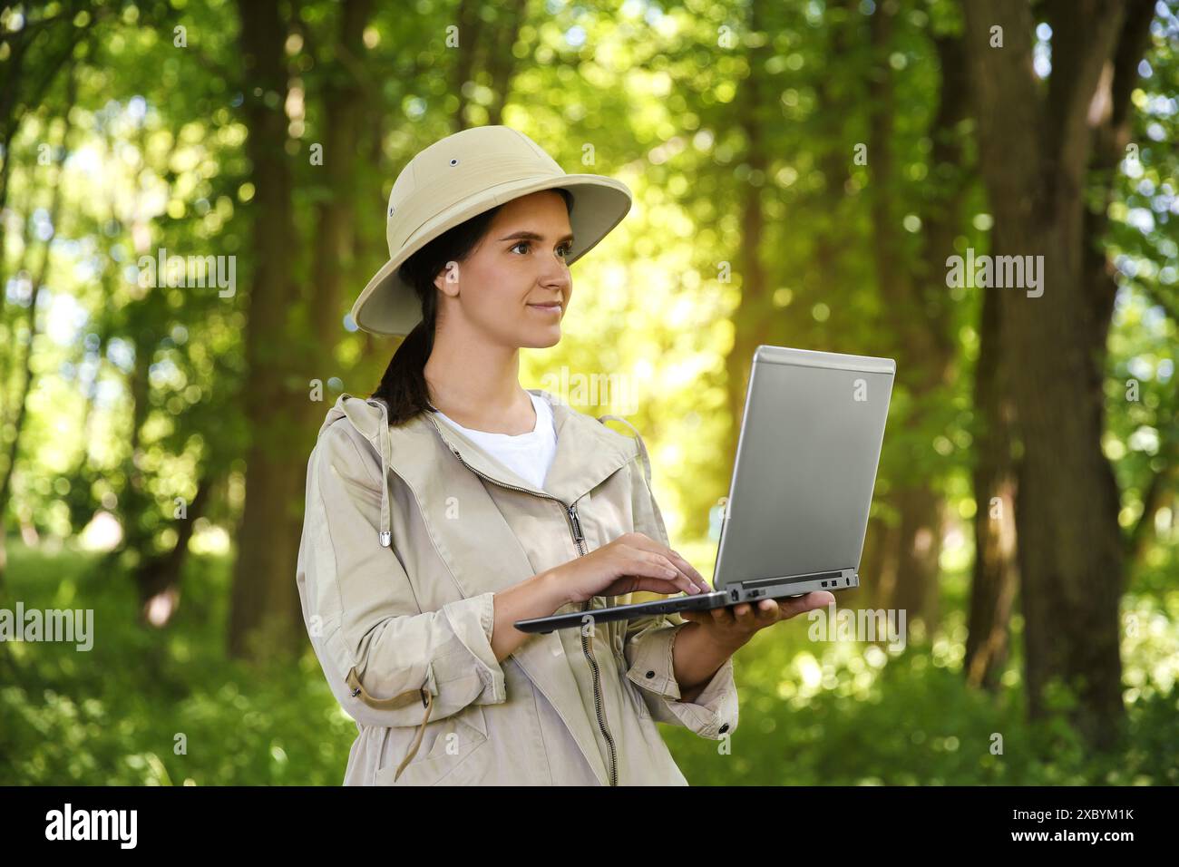 Forester with laptop examining plants in forest Stock Photo