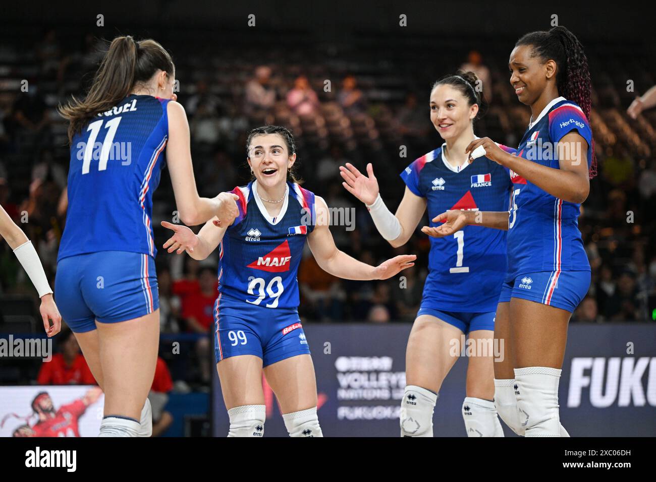 West Japan General Exhibition Center, Fukuoka, Japan. 13th June, 2024. France Women's team group (FRA), Juliette Gelin (FRA), Helena Cazaute (FRA), Amandha Sylves (FRA), JUNE 13, 2024 - Volleyball : FIVB Volleyball Nations League 2024 Women's Preliminary Round between France 2-3 South Korea at West Japan General Exhibition Center, Fukuoka, Japan. Credit: MATSUO.K/AFLO SPORT/Alamy Live News Stock Photo