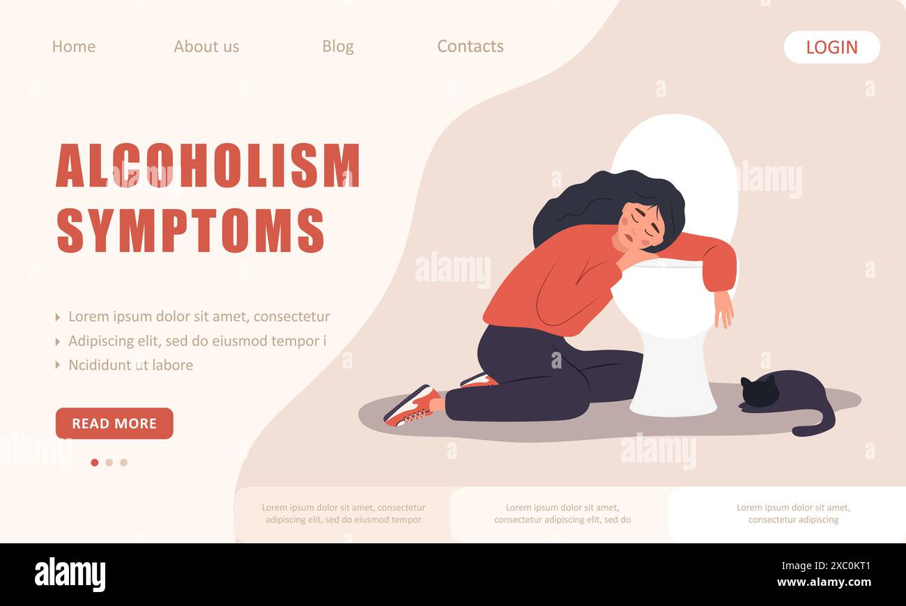 Alcoholism symptoms. Landing page template. Sad woman sitting on floor leaning on toilet and feeling nausea from booze. Vector illustration in flat Stock Vector