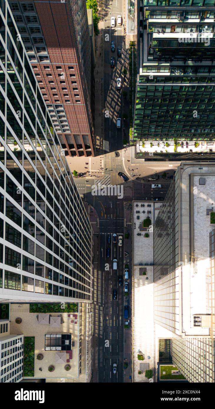 Aerial view of city streets and tall buildings in a busy urban area ...