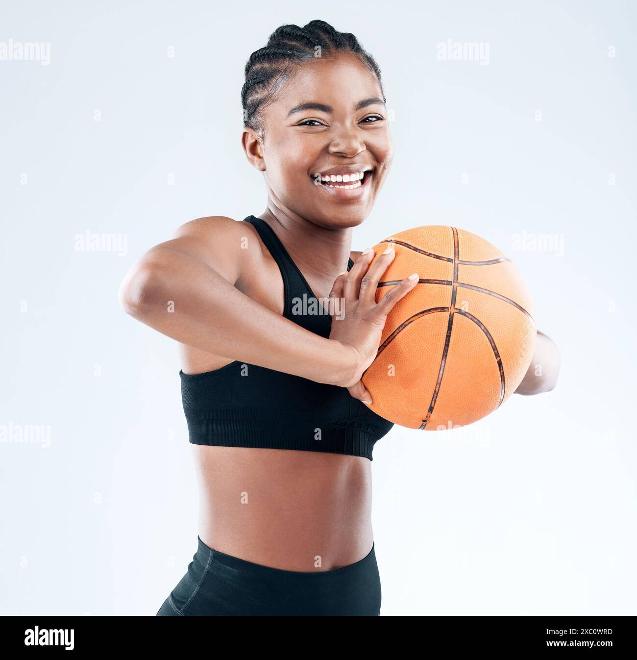 Portrait black woman and basketball in fitness health and exercise in
