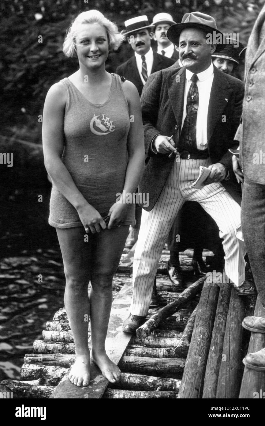 Record-breaking American swimmer Ethelda Bleibtrey (1902-1978) in Antwerp, Belgium, where she won Gold in all three women's swimming events at the 1920 Antwerp Olympic Games. Stock Photo
