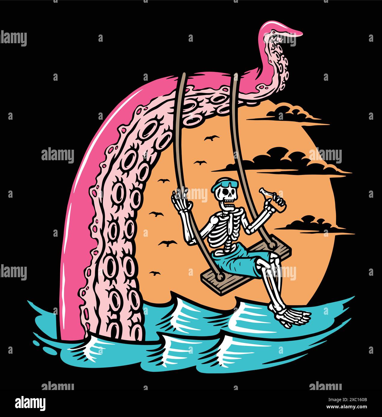 Skull swinging with giant octopus Stock Vector