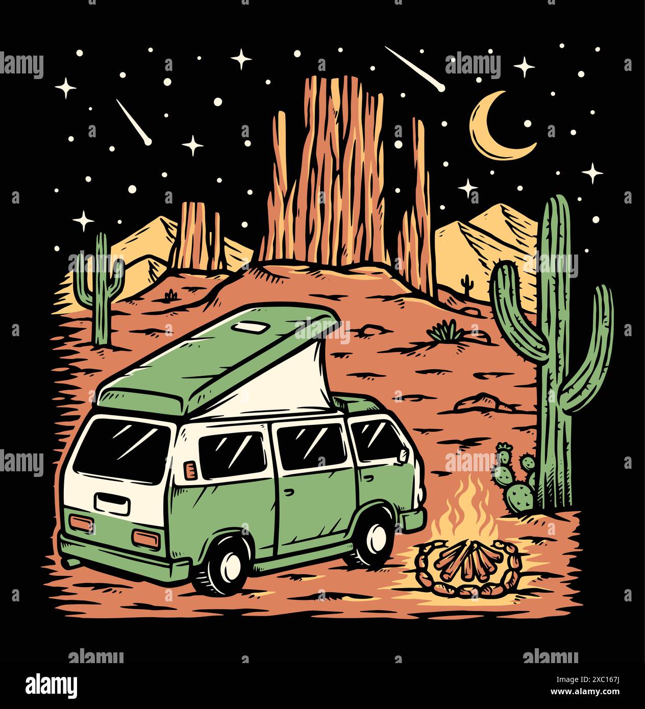 campervan and desert landscape at night Stock Vector
