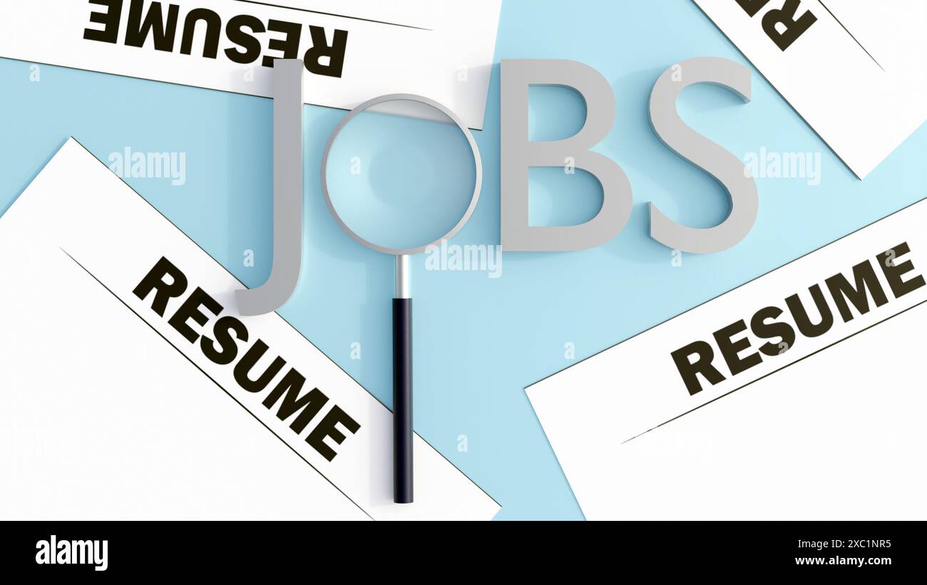 3d rendering of a magnifying glass - 3d Rendering Of A Magnifying Glass On Jobs With A Resume Paper In The Blue Background 2XC1NR5