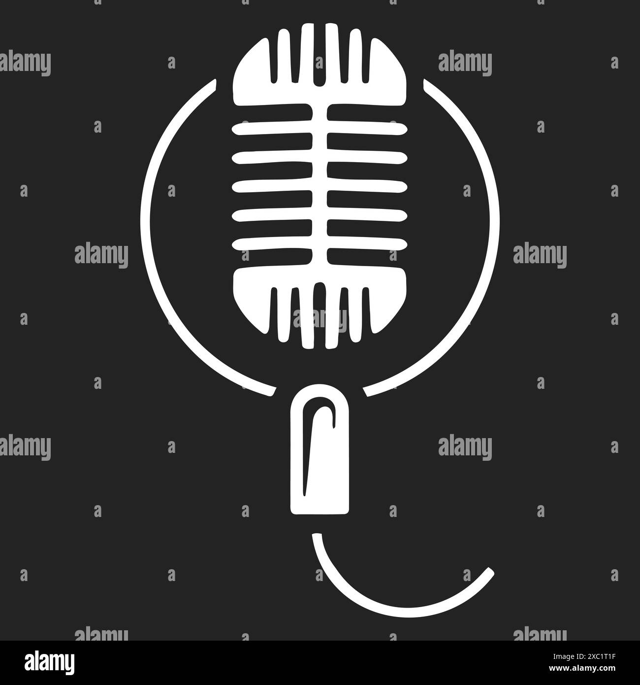 A white microphone stands against a black backdrop Stock Vector