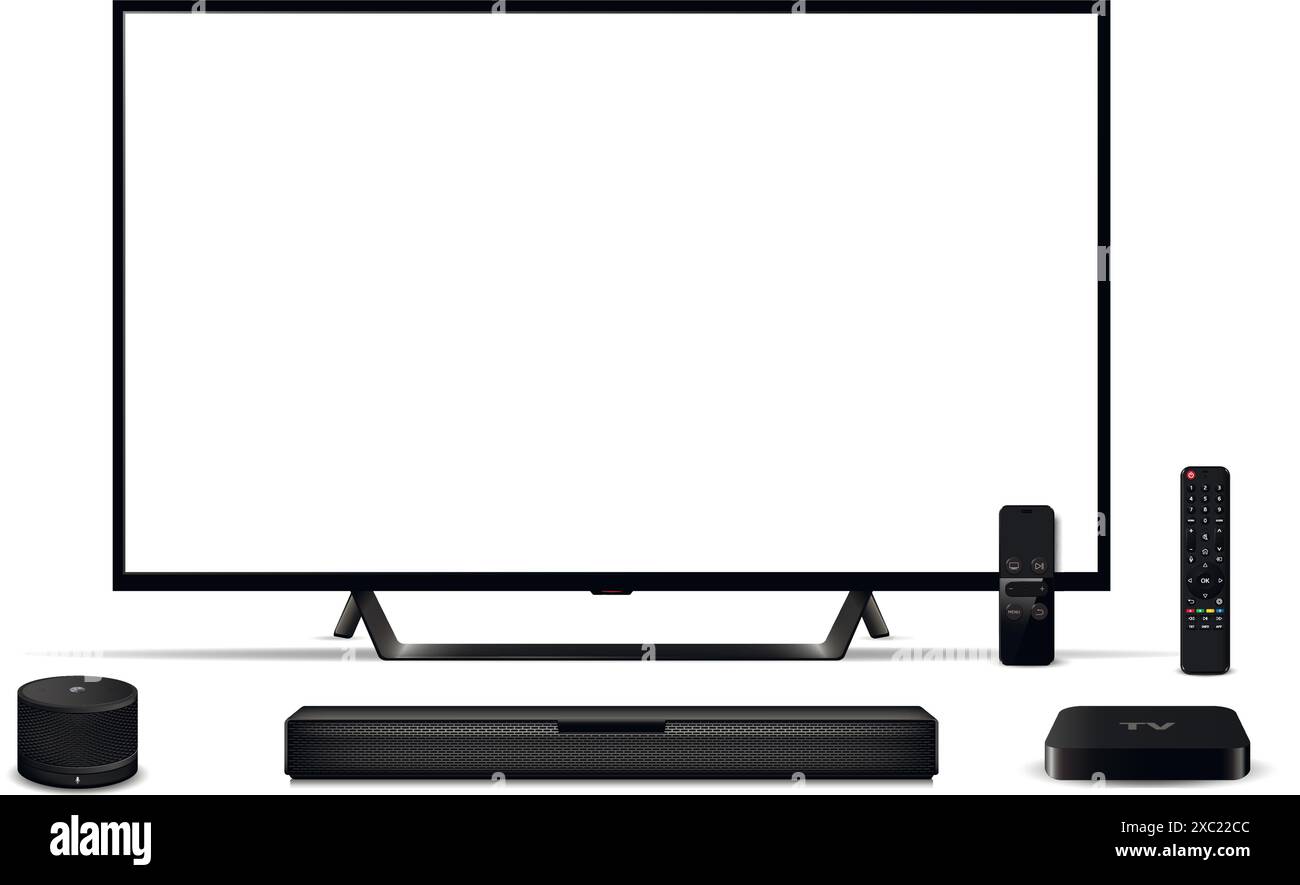 Modern oled tv with sound bar, tv settop box, smart speaker and remote control. Vector