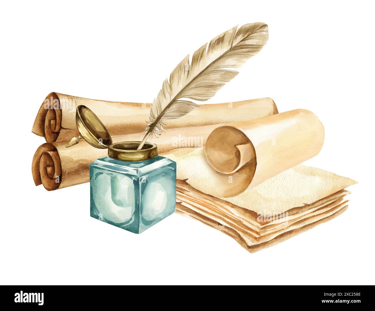 feather quill dip pen and vintage green glass inkwell, stack of old brown paper, aged scrolled papyrus, watercolor illustration of historical theme, a Stock Photo