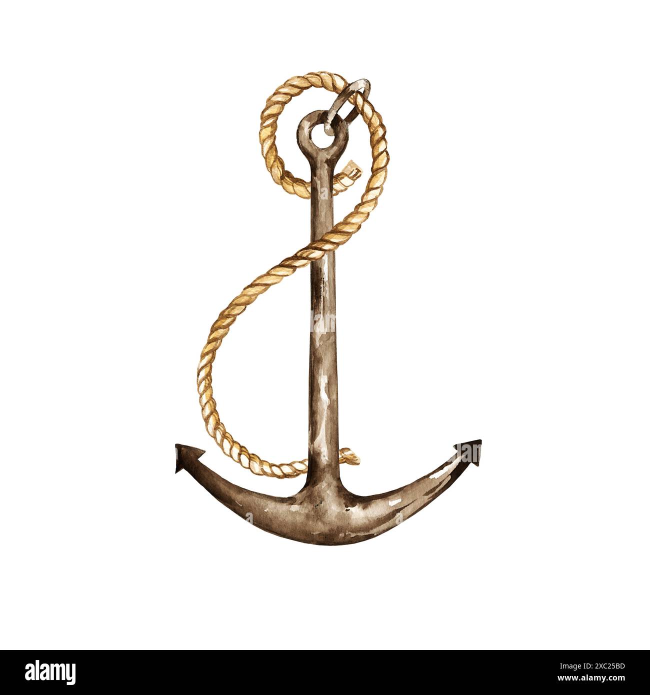 watercolor vintage antique ship anchor with rope, textured brown metal