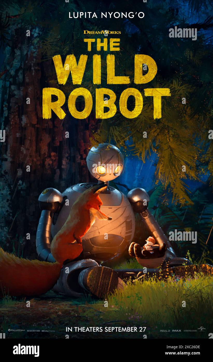 The Wild Robot (2024) directed by Chris Sanders and starring Pedro Pascal, Stephanie Hsu and Lupita Nyong'o. After a shipwreck, an intelligent robot called Roz is stranded on an uninhabited island. To survive the harsh environment, Roz bonds with the island's animals and cares for an orphaned baby goose. US one sheet poster ***EDITORIAL USE ONLY***. Credit: BFA / Universal Pictures Stock Photo