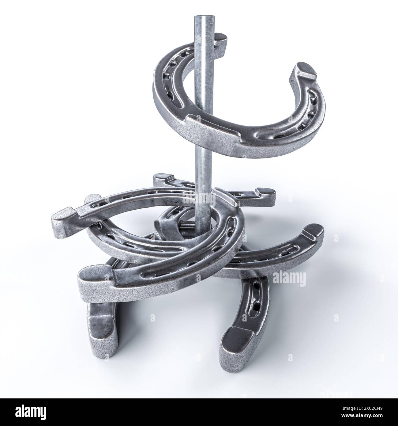 Stack metal horseshoes metal rod white background luck game 3d Stock