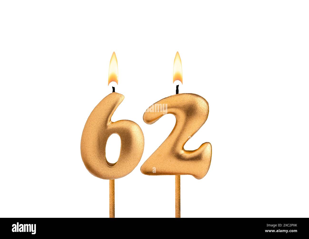 Birthday number 62 - Golden candle on white background Stock Photo