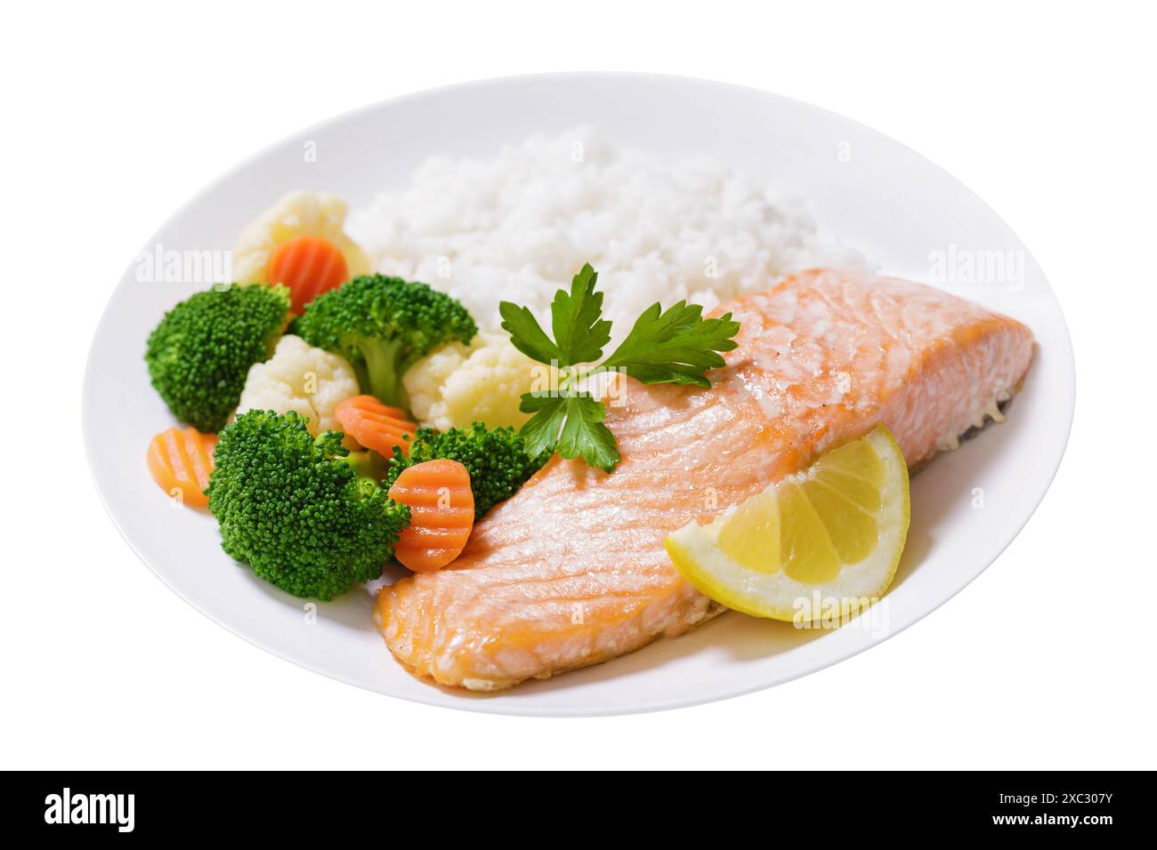 Plate Method Salmon Rice plate of salmon fillet, rice and vegetables isolated on white ...