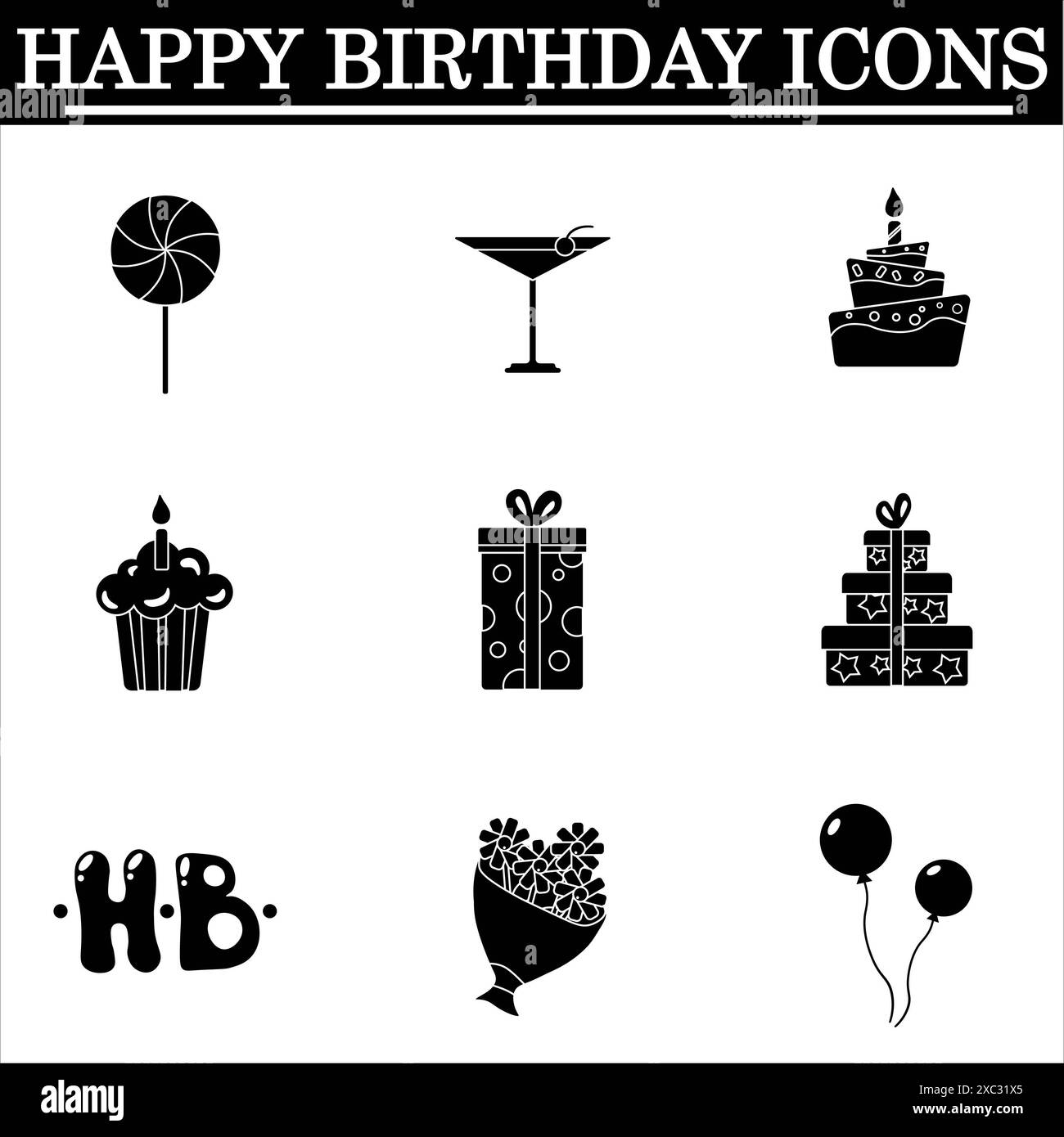 Set of birthday simple icons on the white background. Celebration black ...