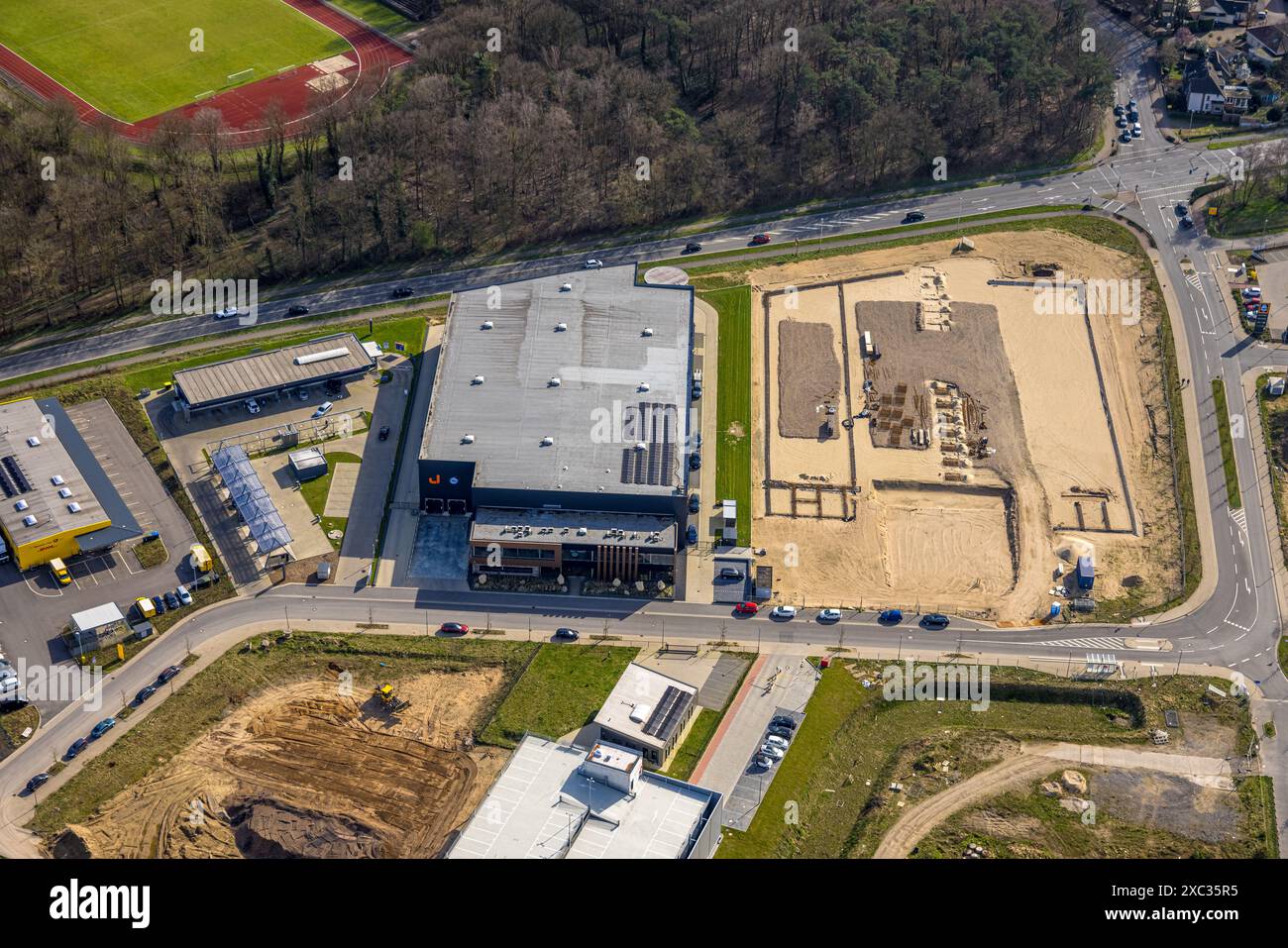 Aerial view, Georg-Elser-Straße Mona industrial estate, Joalpe International GmbH, former Moritz-von-Nassau barracks, Emmerich, Emmerich am Rhein, Nor Stock Photo
