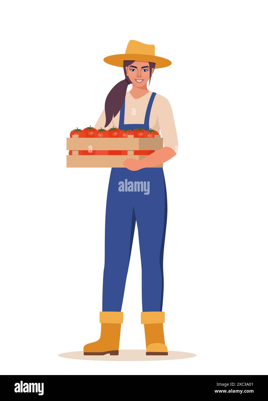 Woman farmer holding box of tomatoes in hands. Farming work, gardening ...