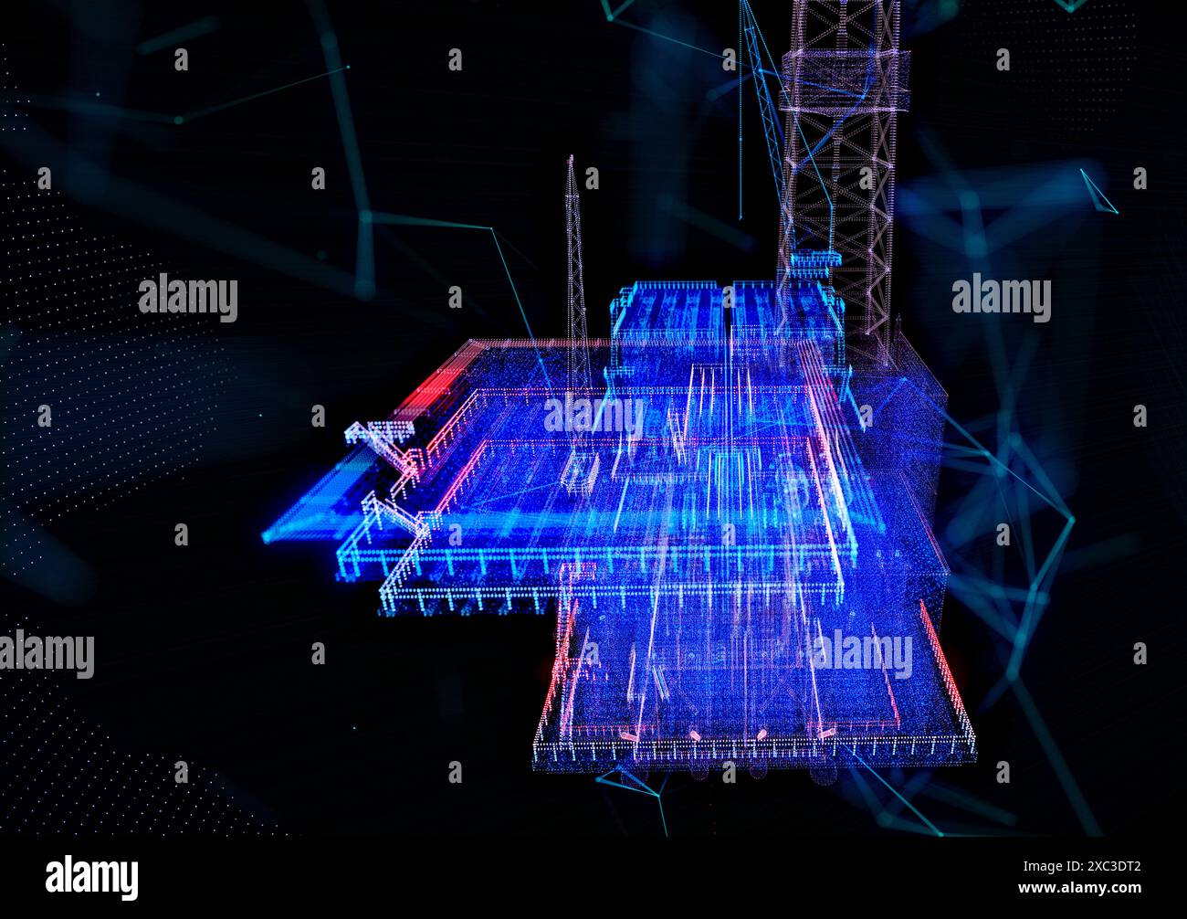 Ocean oil gas drilling rig element representing a particles wire-frame ...