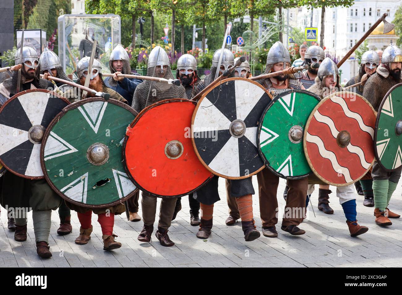 Warriors of Ancient Russia during historical festival Times and Epochs, historical reenactment of IX - XII ages Stock Photo