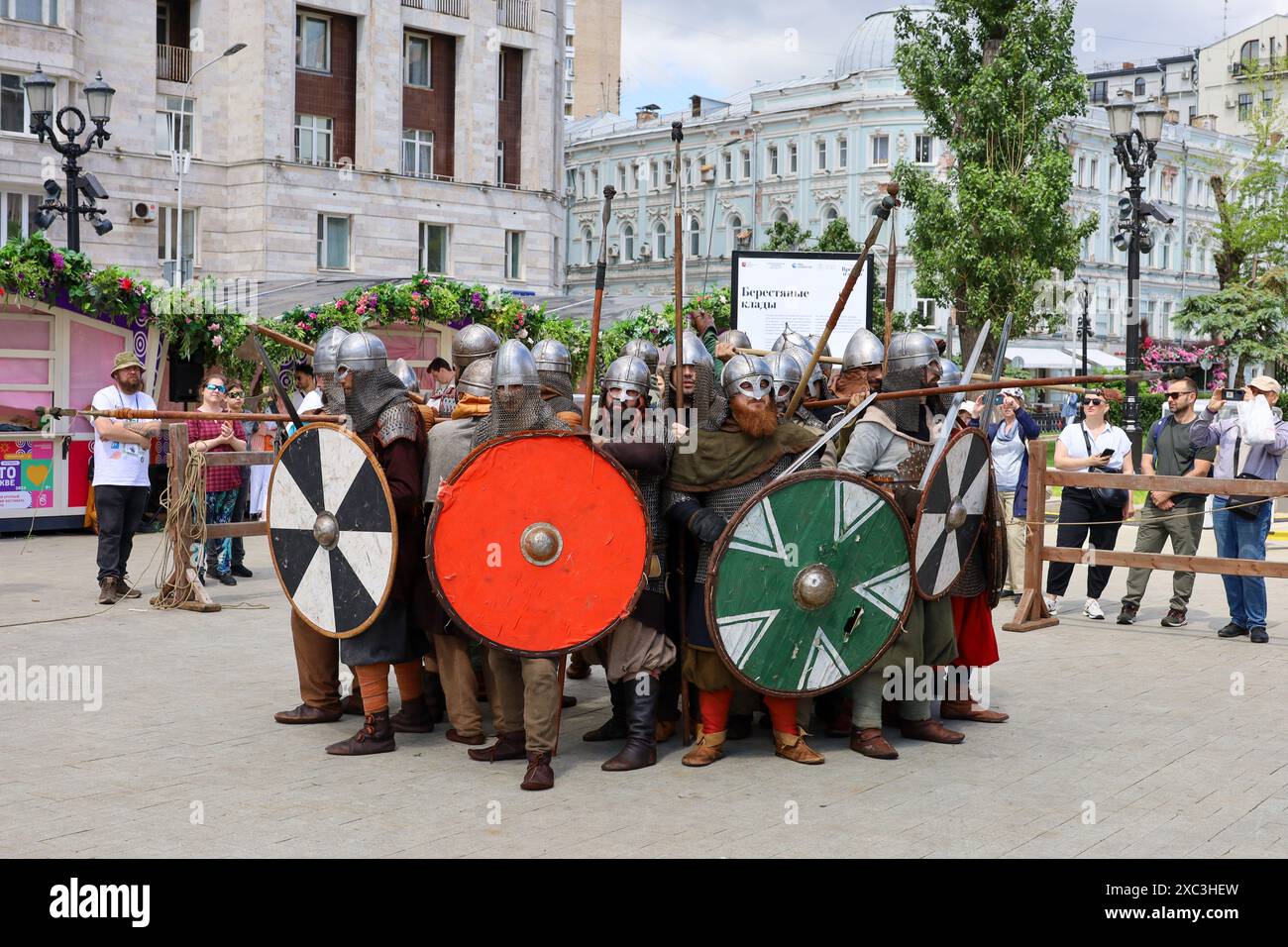 Warriors of Ancient Russia during historical festival Times and Epochs, historical reenactment of IX - XII ages Stock Photo