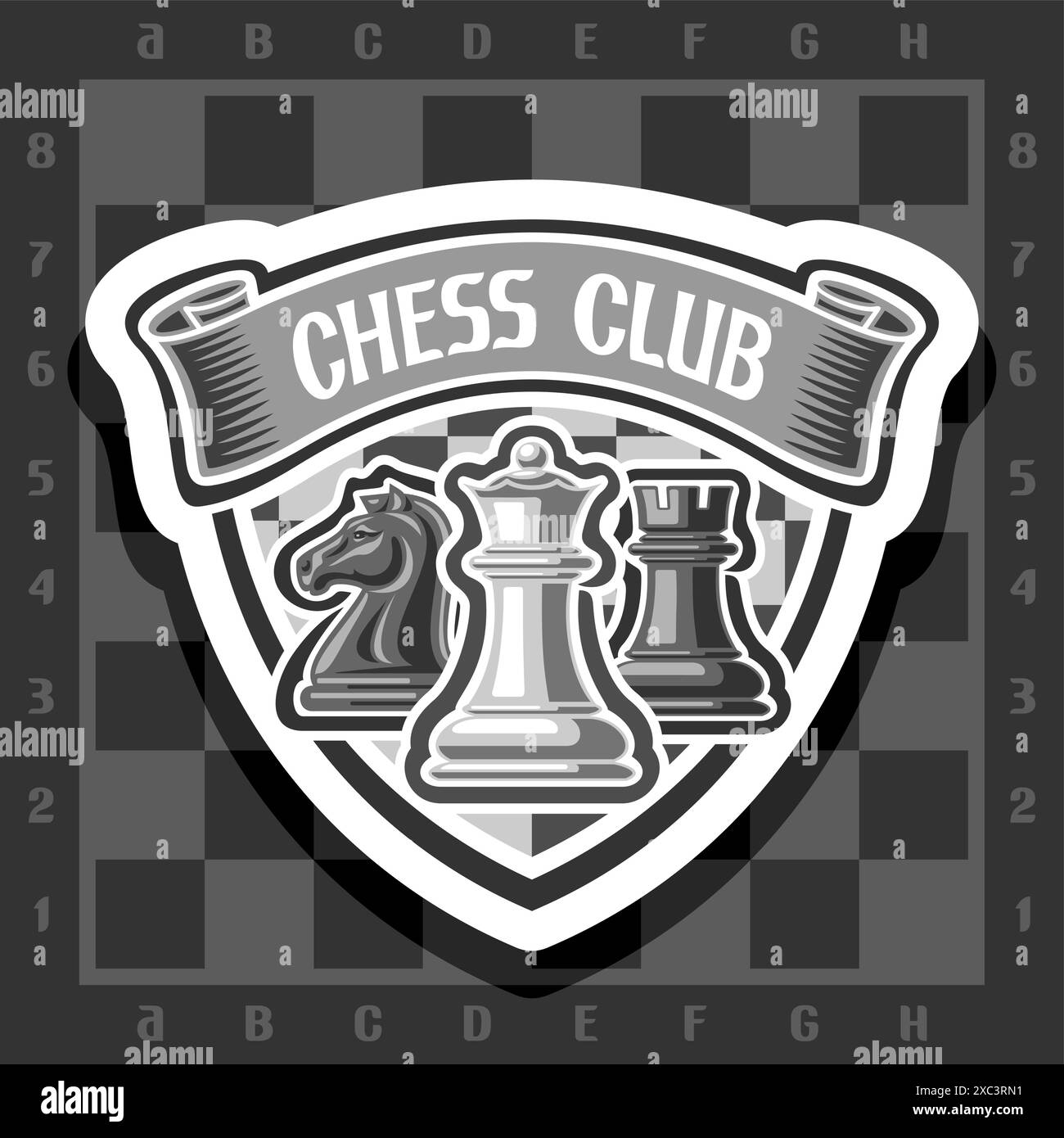 Vector logo for Chess Club, decorative signboard with black and white illustration of chess pieces and ribbon with words chess club on grey checkered Stock Vector