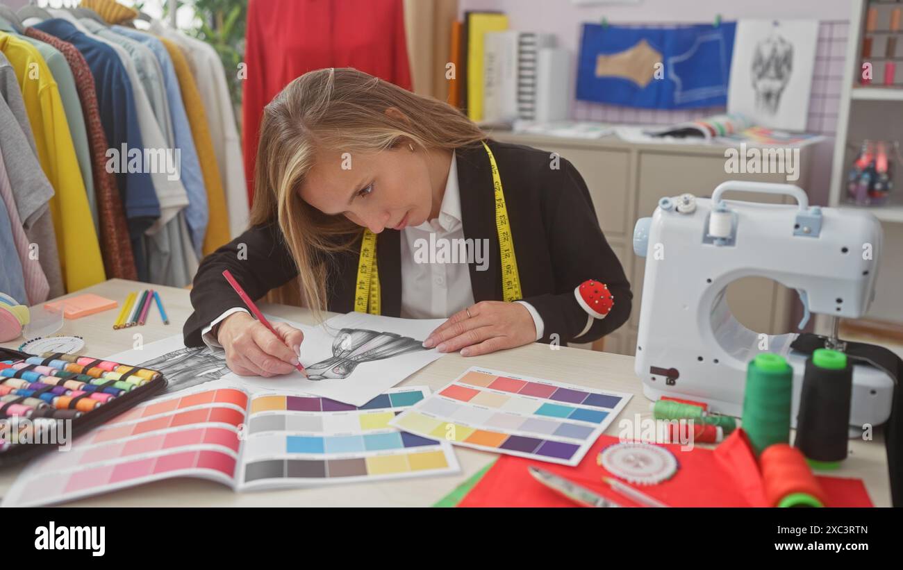 A focused woman fashion designer sketches a dress in an atelier ...