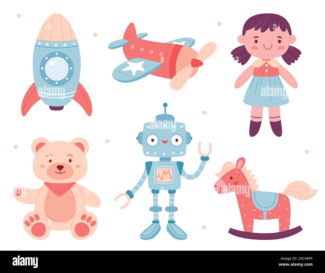 Set of kid plush and plastic toys in pleasant colors.Rocket, airplane ...