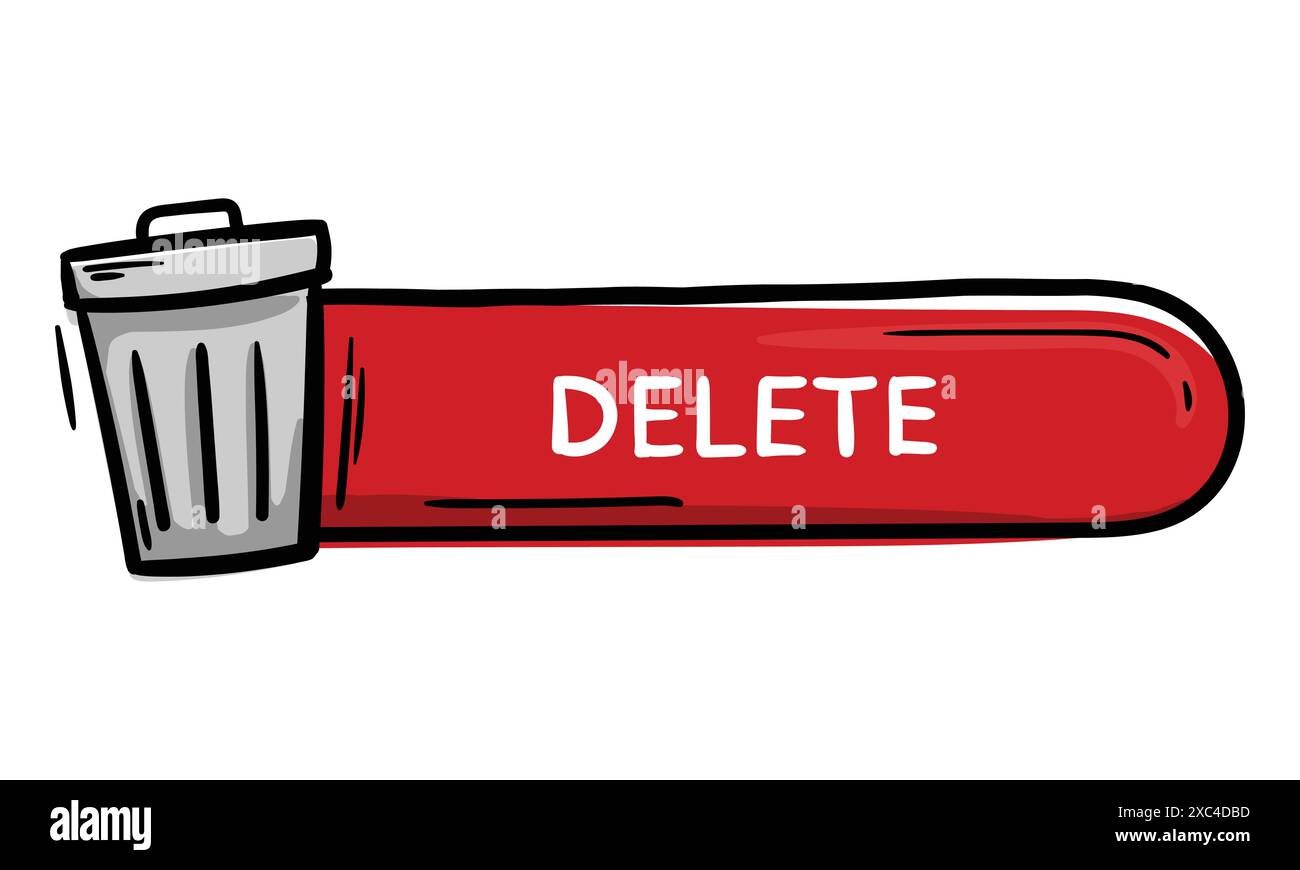 Bright hand draw red button with text delete and trash can icon. Vector element for website, application, design. Stock Vector