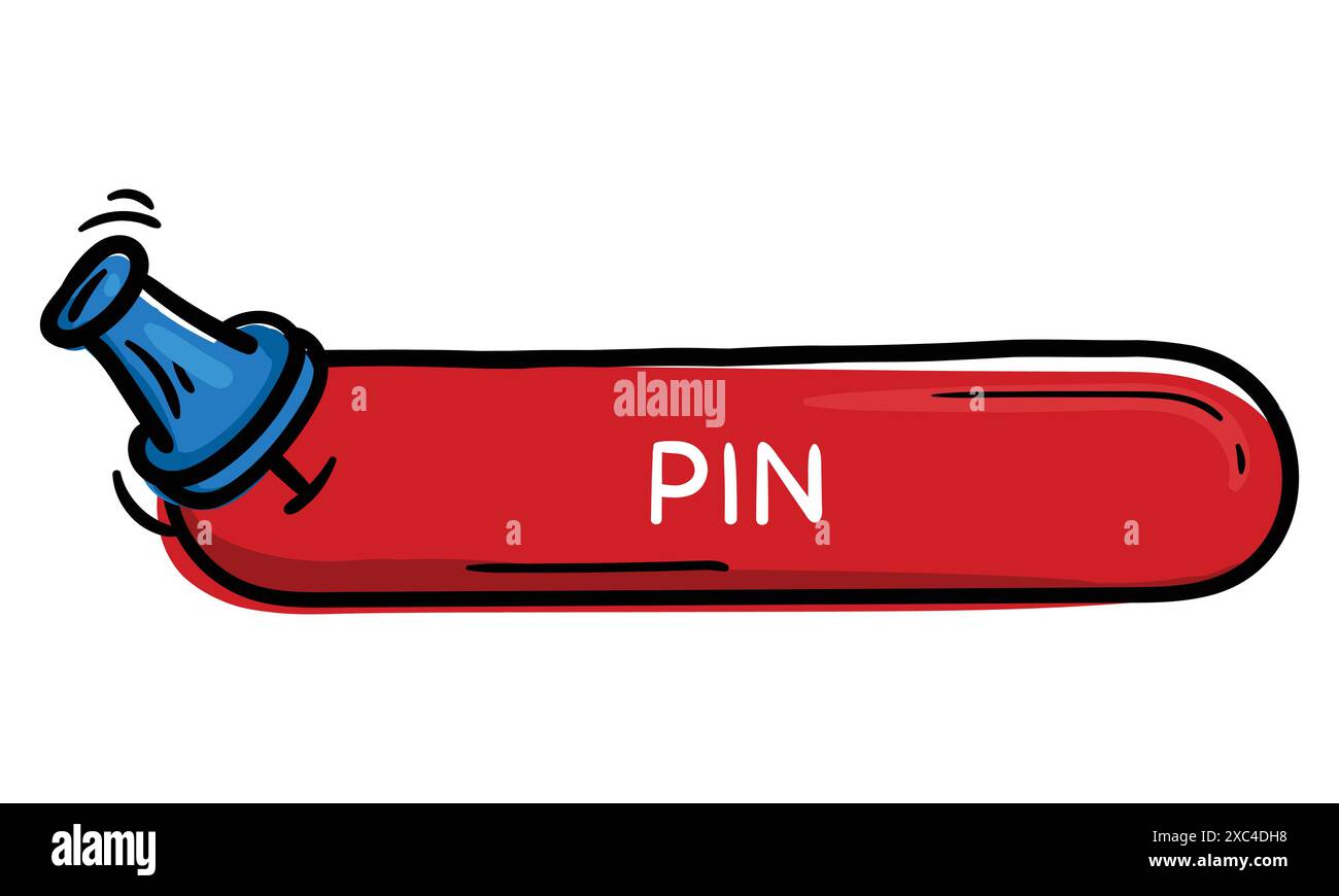 Bright red hand draw button with pin text and pin icon. Vector editable element for website, application, design. Stock Vector