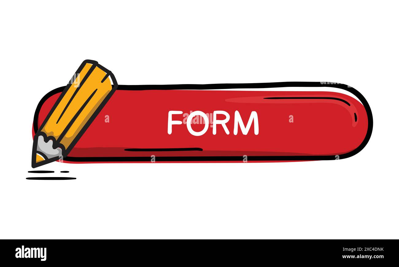 Bright red hand draw button with text shape and pencil icon. Vector ...