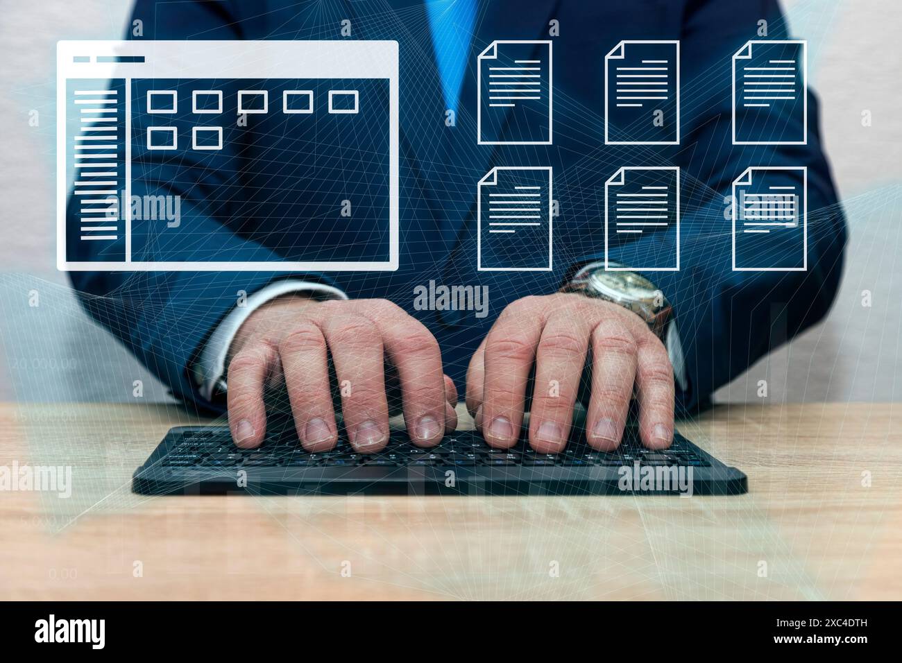 An unrecognizable man is typing on a keyboard with a computer screen ...