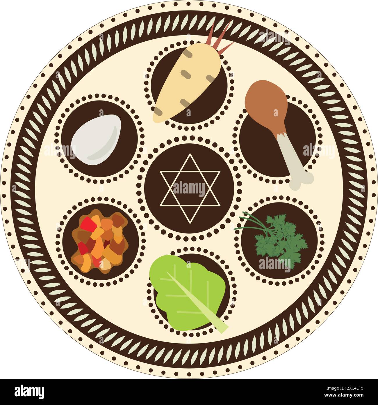 Jewish holiday Pesach, Passover seder plate with traditional food egg, lettuce, shank bone