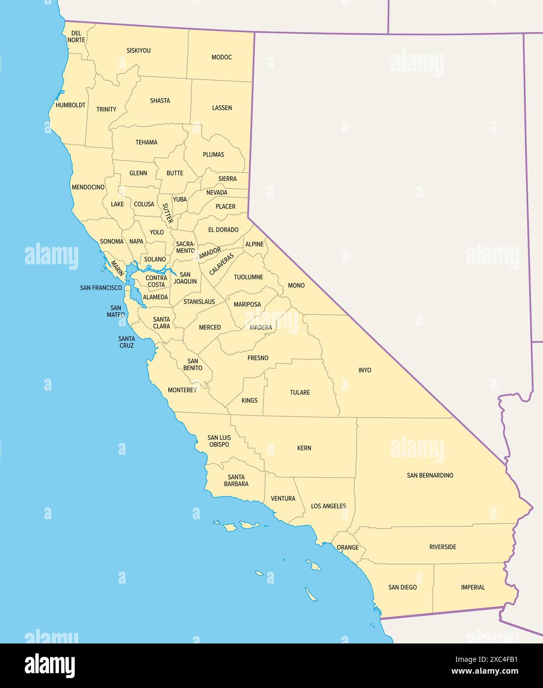 State of California counties political - State Of California Counties Political Map Us State Of California Subdivided Into 58 Counties 2XC4FB1 