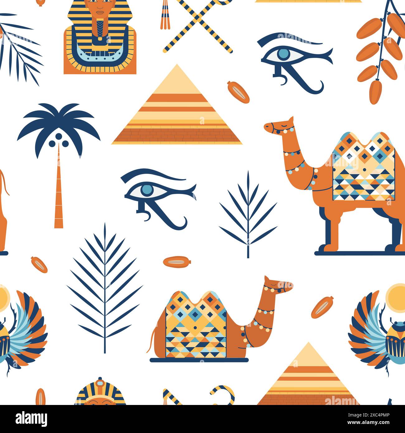 Egypt Travel Pattern with Camels and Pyramids Stock Vector