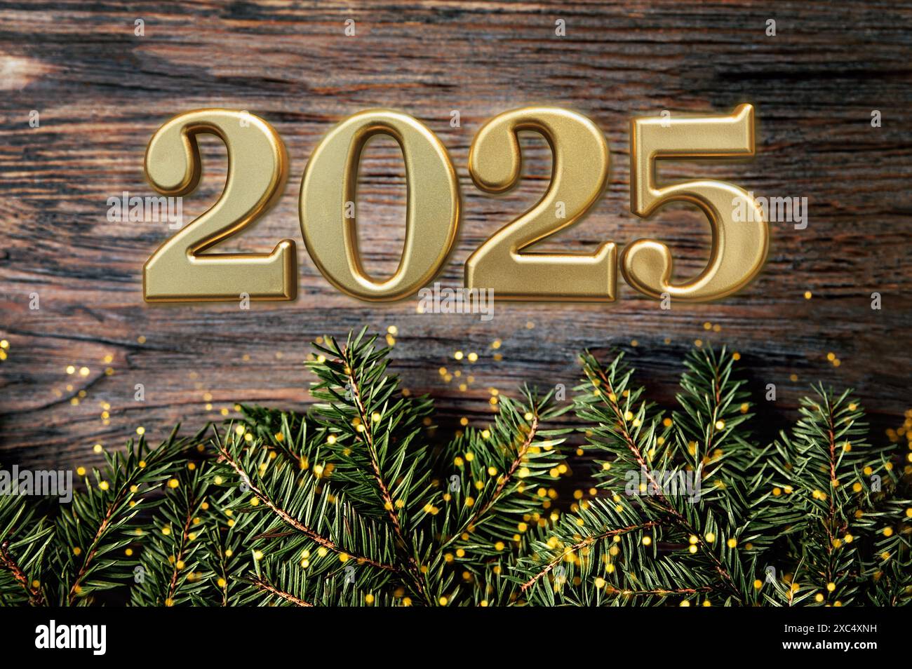 Holiday background Happy New Year 2025. Numbers of year 2025 made by gold candles wooden rustic