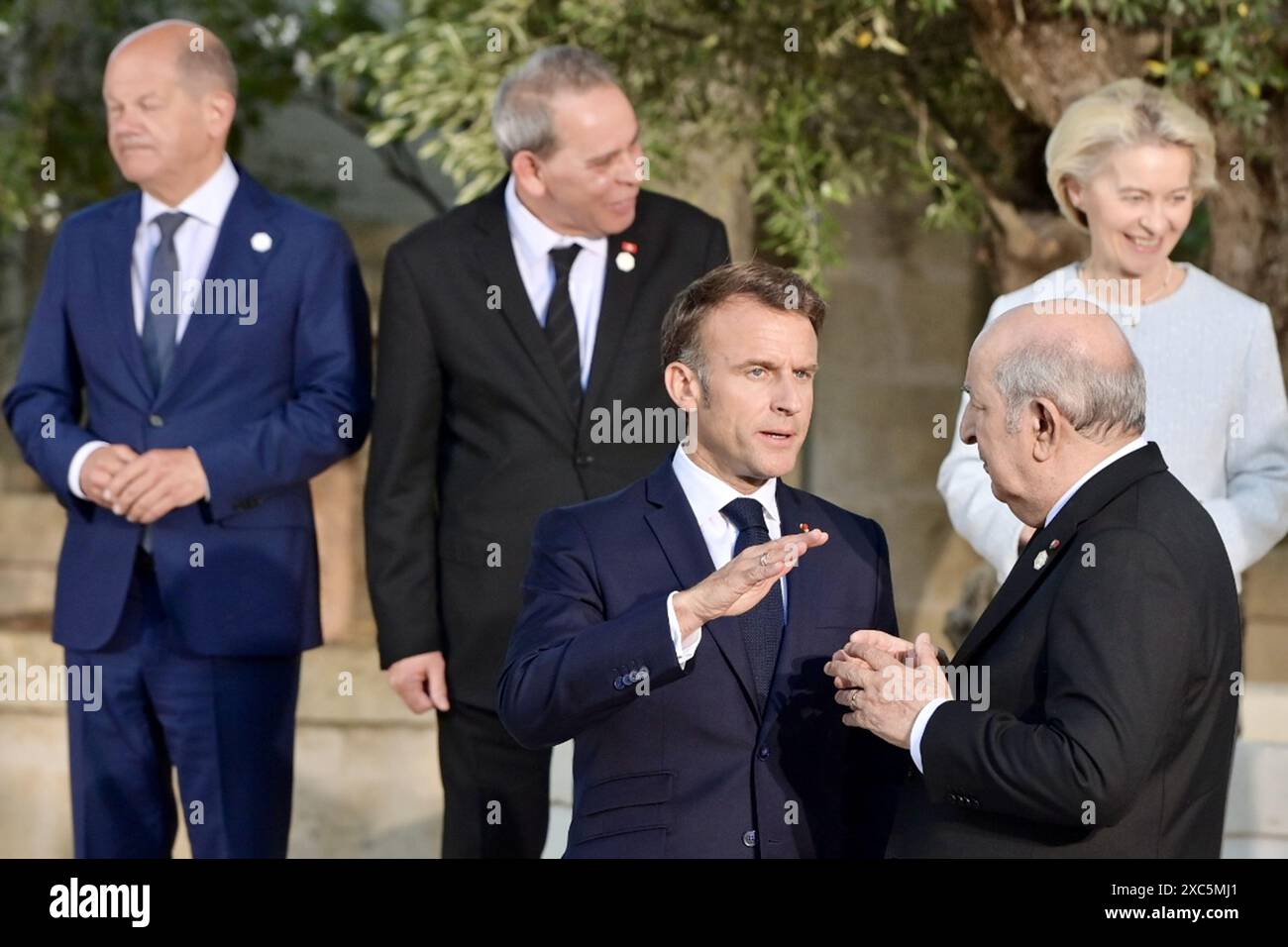 Toasts, . 14th June, 2024. President of France Emmanuel Macron speaks with President of Algeria Abdelmadjid Tebboune during the G7 summit in Borgo Egnazia (Brindisi), Italy, June 14, 2024. President of France Emmanuel Macron speaks with President of Algeria Abdelmadjid Tebboune Borgo Egnazia (Brindisi), Italy, June 14, 2024. Credit: Independent Photo Agency/Alamy Live News Stock Photo