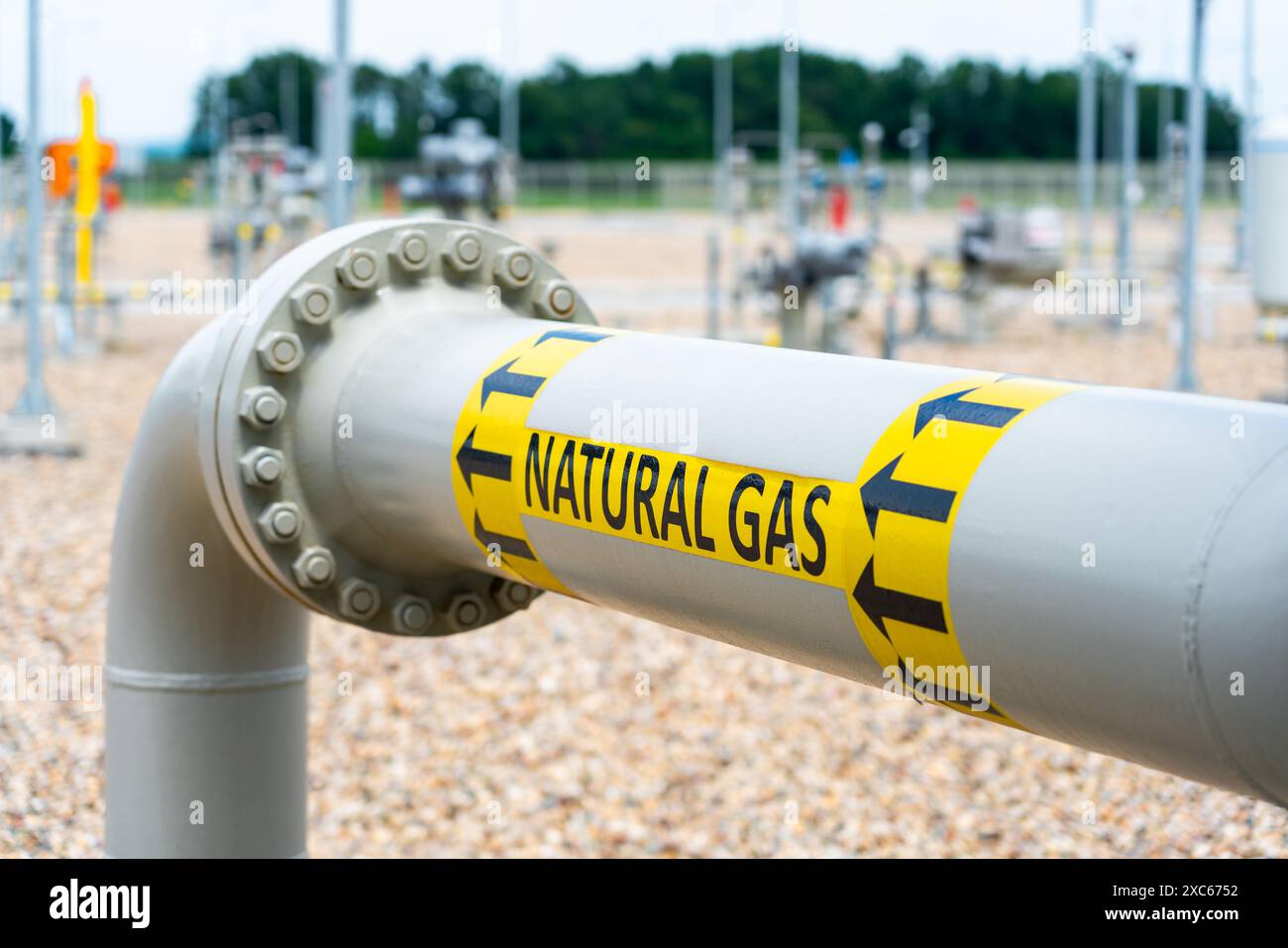 Gas pipeline system with high pressure and direction sign at compressor ...