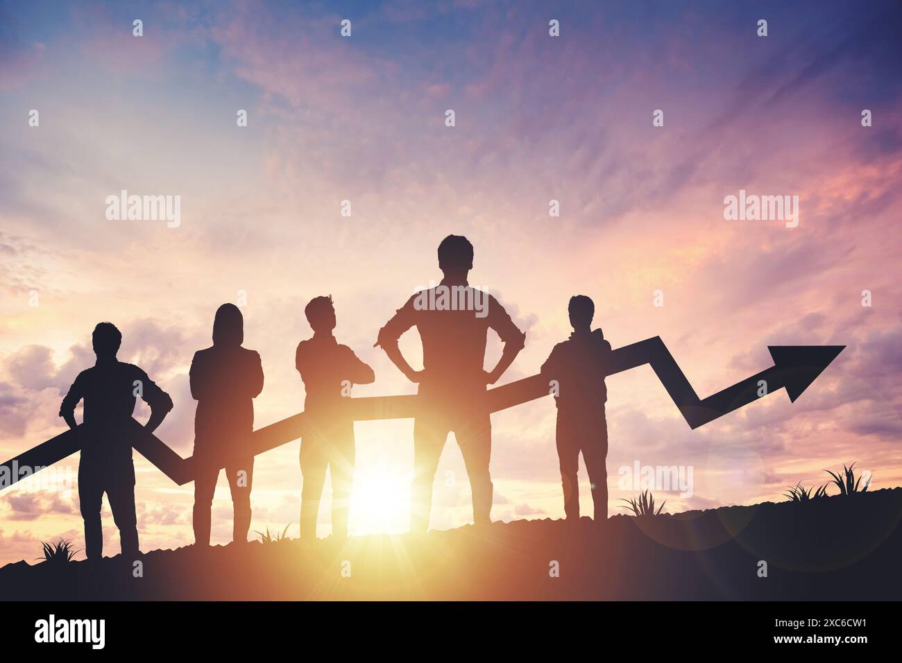 Team silhouette and up graph arrow on sunset background, leadership and ...