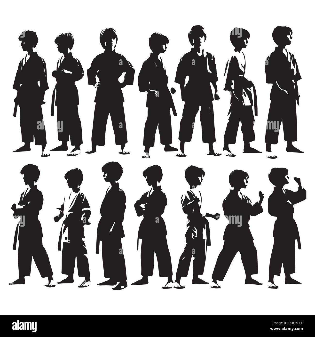 Silhouette set of young karate boys. Vector isolated illustration Stock Vector