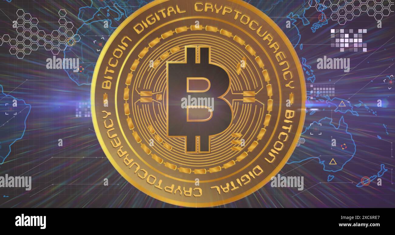 Image of data processing and world map over bitcoin Stock Photo
