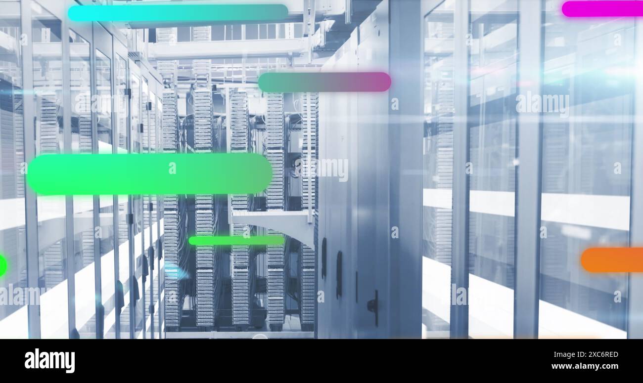 Image of colorful gradient light trails moving over computer server room Stock Photo