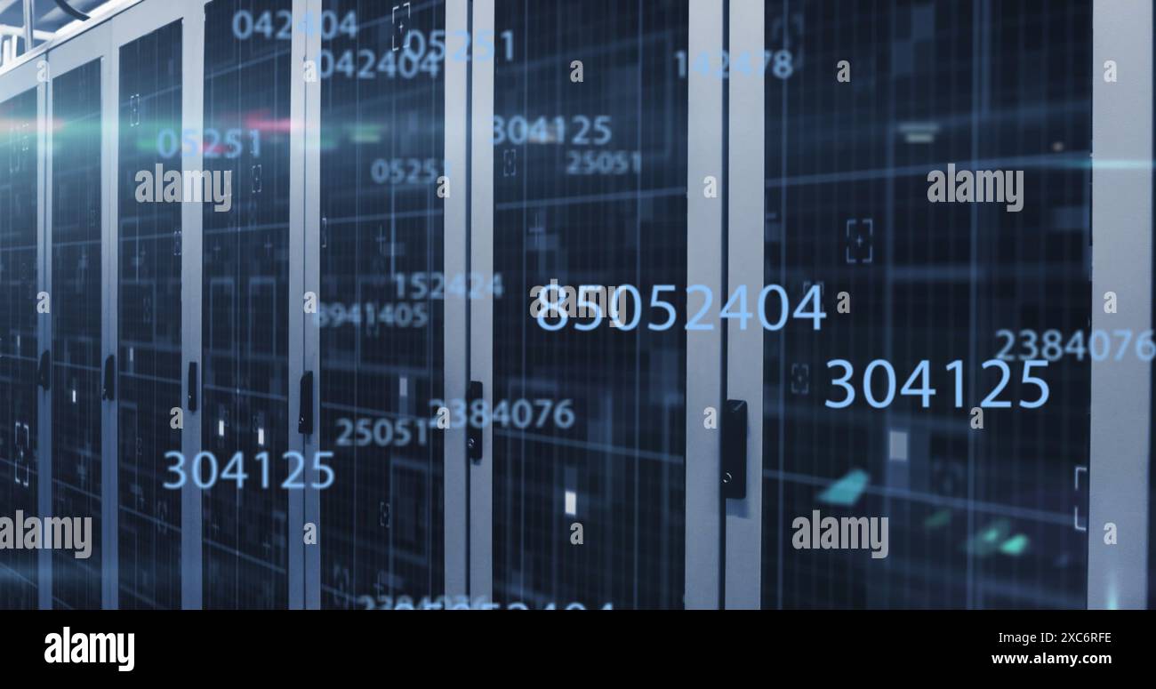 Image of multiple changing numbers and light spot over computer server room Stock Photo