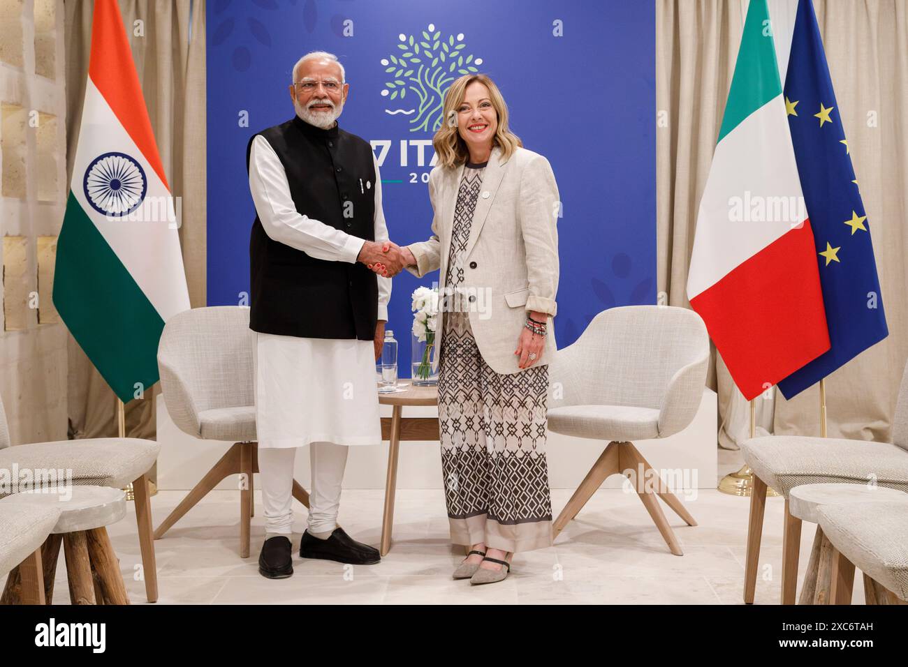 Savelletri di Fasano, Italy. 14th June, 2024. Indian Prime Minister Narendra Modi, left, shakes hands with Italian Prime Minister Giorgia Meloni before a bilateral meeting on the sidelines of the G7 Summit at the Borgo Egnazia resort, June 14, 2024, in Savelletri di Fasano, Italy. Credit: Presidenza del Consiglio/G7 Italia 2024/Alamy Live News Stock Photo