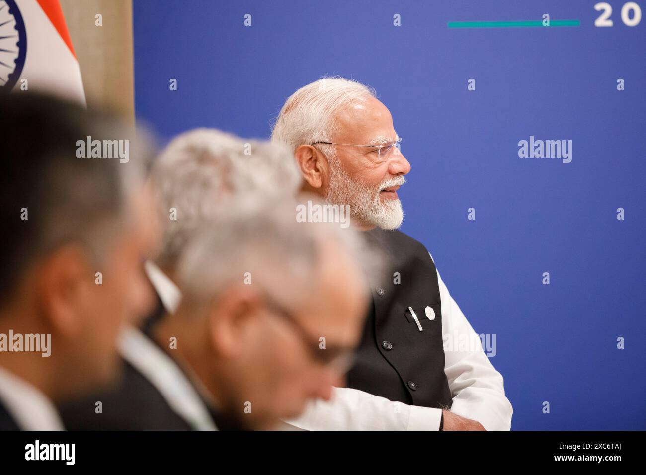 Savelletri di Fasano, Italy. 14th June, 2024. Indian Prime Minister Narendra Modi, listens to Italian Prime Minister Giorgia Meloni during a bilateral meeting on the sidelines of the G7 Summit at the Borgo Egnazia resort, June 14, 2024, in Savelletri di Fasano, Italy. Credit: Presidenza del Consiglio/G7 Italia 2024/Alamy Live News Stock Photo