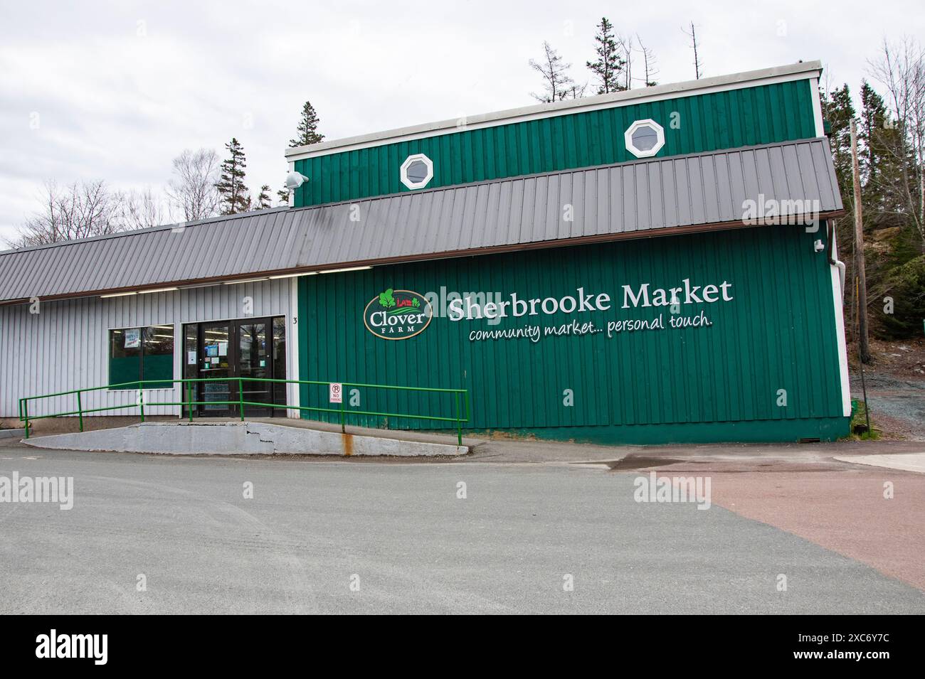 Sherbrooke Market grocery store sign on Main Street in Sherbrooke, Nova