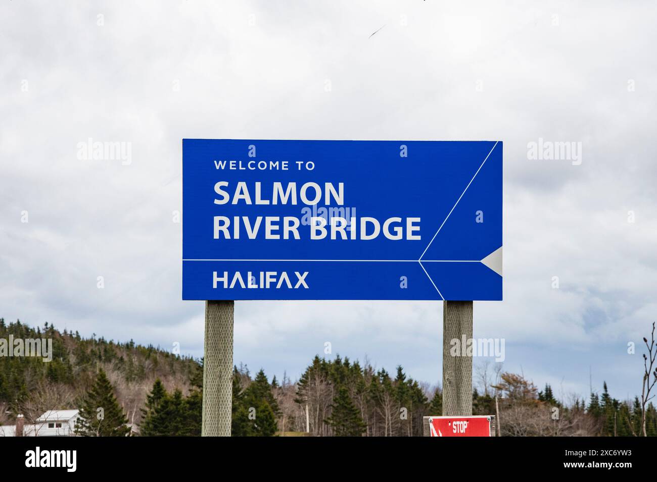 to Salmon River Bridge sign on highway 7 in Nova Scotia, Canada