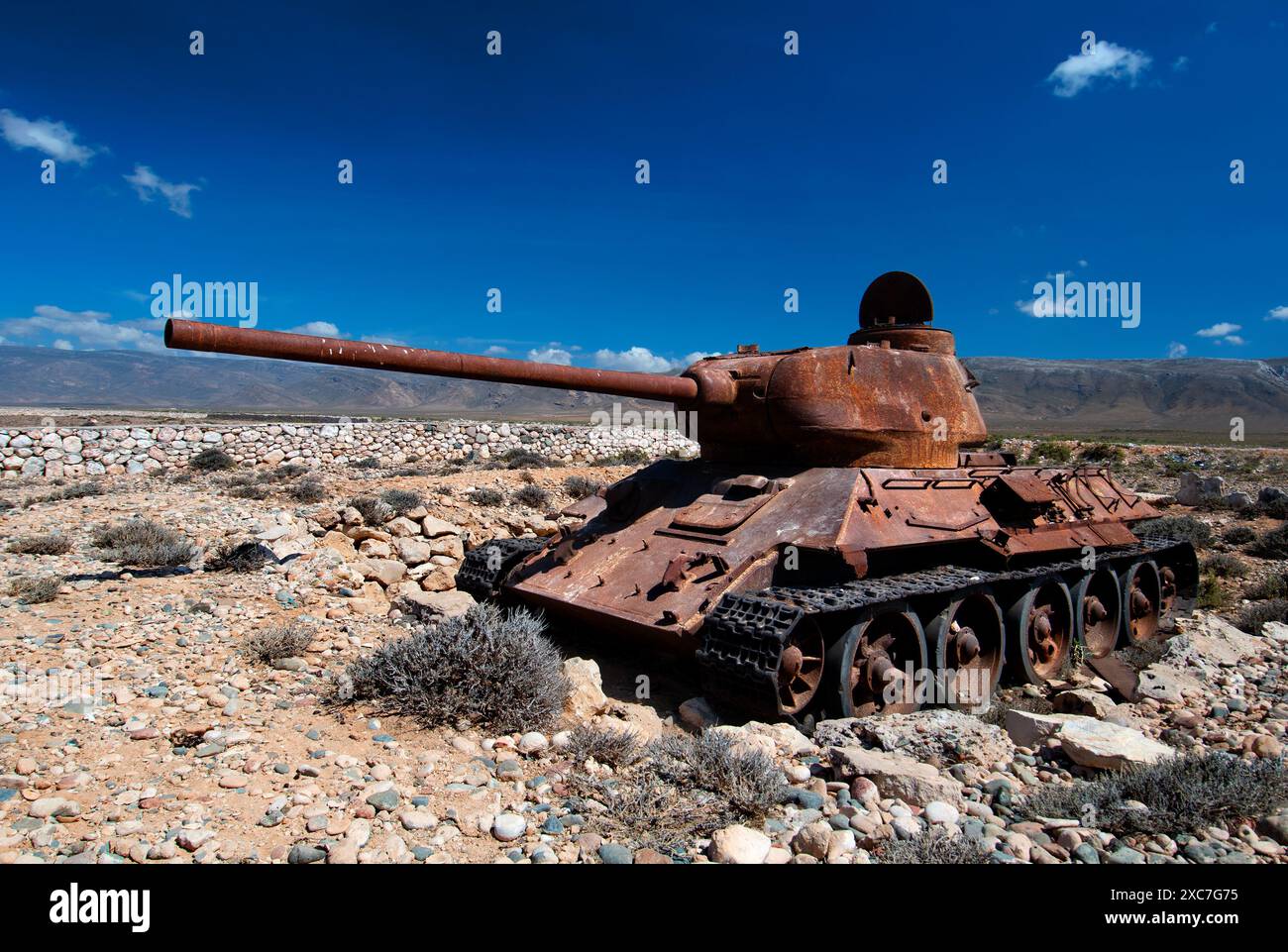 An old, rusty T 34-85 Soviet era tank on the coast of Socotra, Yemen. Stock Photo