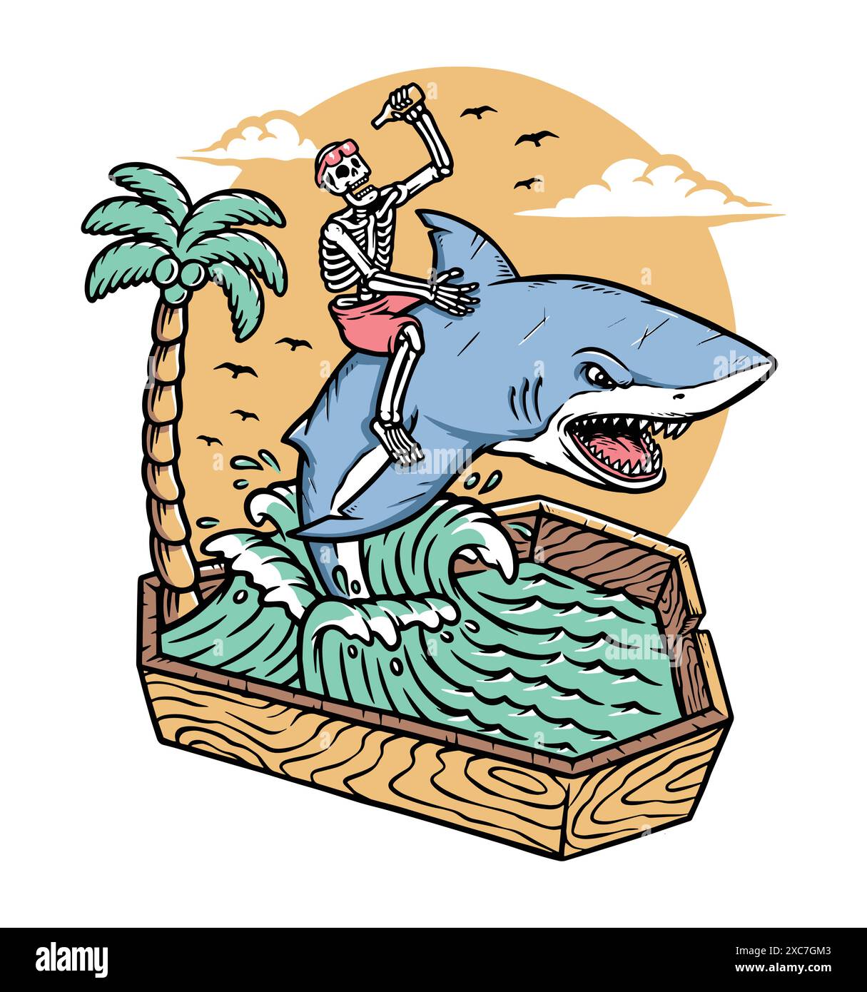 skull riding a shark in the dead sea illustration Stock Vector